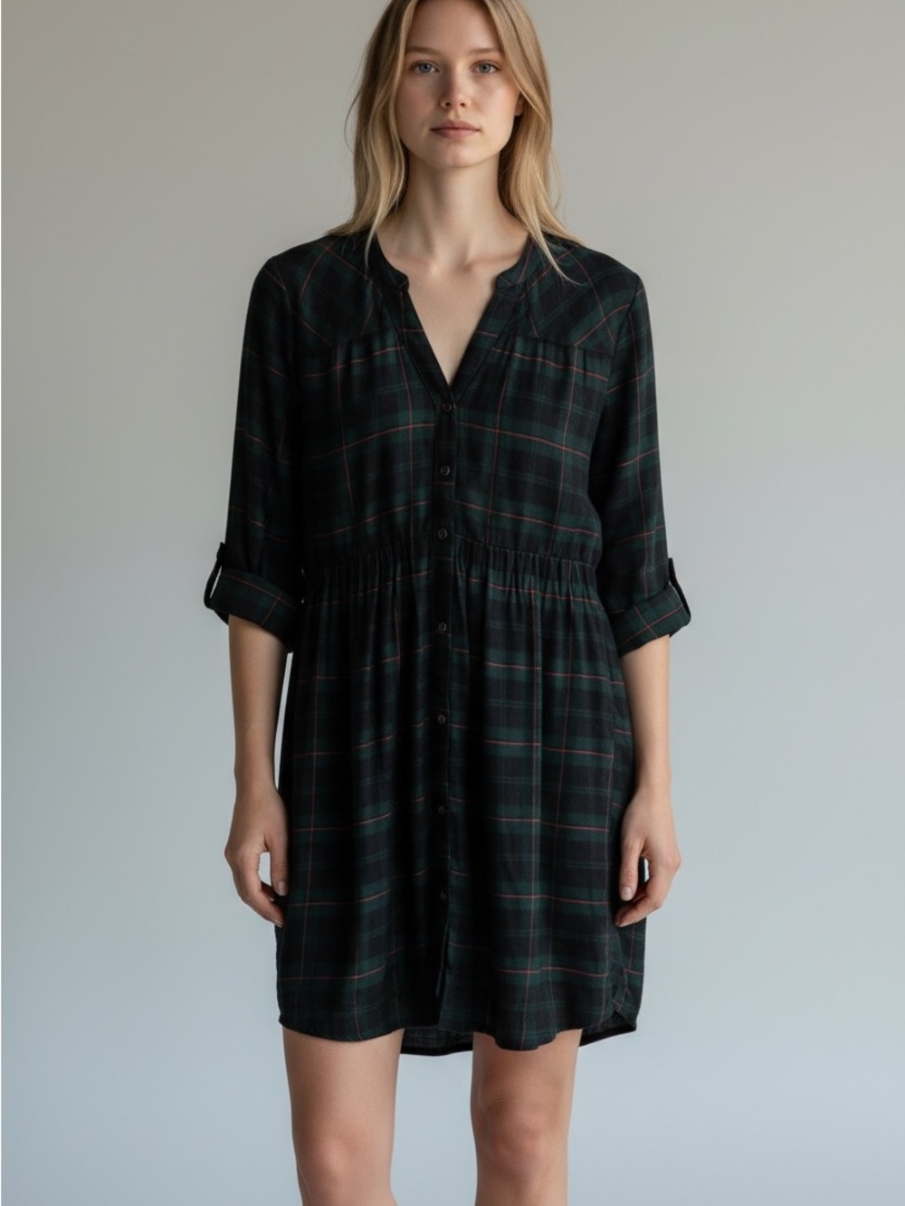 Black and Green Plaid Preppy Fall Grunge School Button-Down Dress size Medium